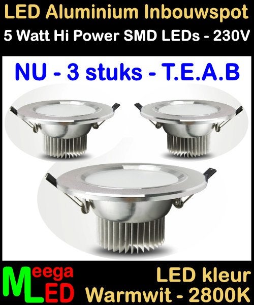 LED aluminium inbouwspot downlight 5 Watt Warmwit - 3 stuks, Huis en Inrichting, Lampen | Spots, Overige materialen, Overige merken