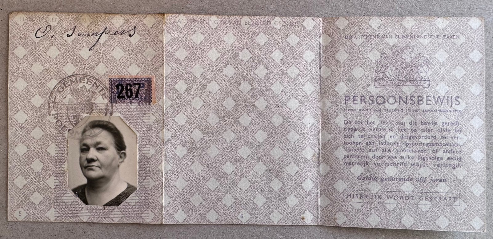 Persoonsbewijs WOII Roermond | Odilla Sampers, Ophalen of Verzenden, Overige soorten, Nederland, Overige typen