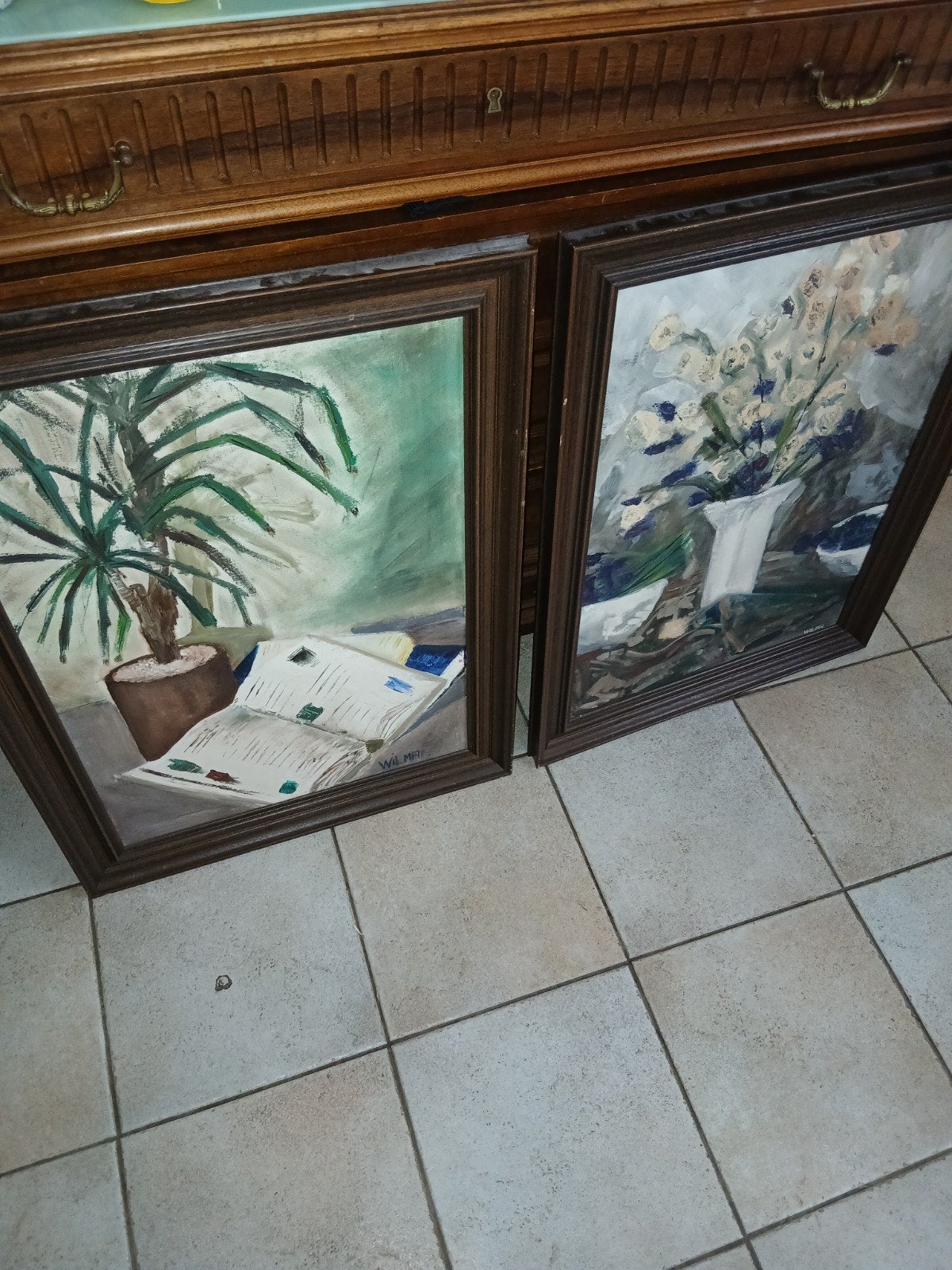 Set van 2 Schilderijen: Bloemen en Stilleven (Gesigneerd), Antiek en Kunst, Gesigneerd, Stilleven, Ophalen of Verzenden, Gemengde techniek