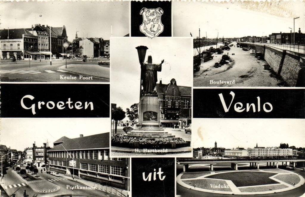 Groeten uit Venlo - 5 afb + wapen - 1960 gelopen, Verzamelen, Ophalen of Verzenden, 1960 tot 1980, Gelopen, Limburg