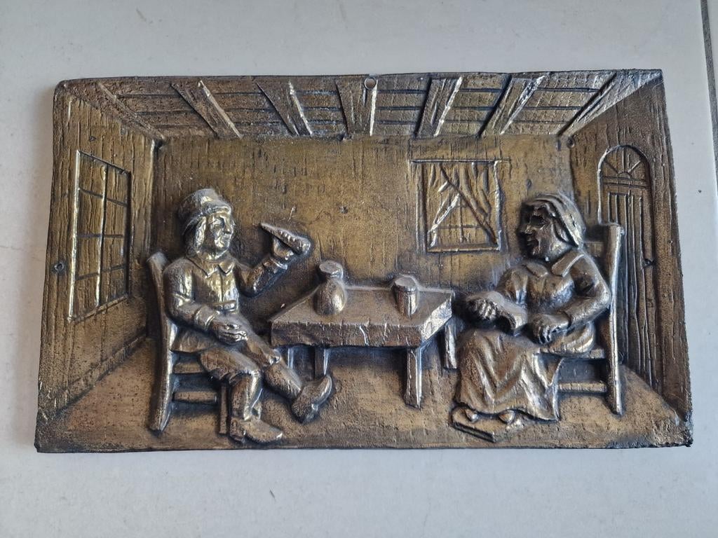Vintage bronzen reliëfplaat: Gezellig tafereel, Ophalen of Verzenden