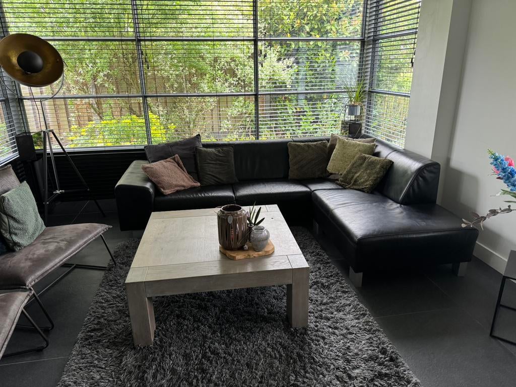 Zwarte leren hoekbank 270x200, Huis en Inrichting, Ophalen, 250 tot 300 cm, Hoekbank, Leer
