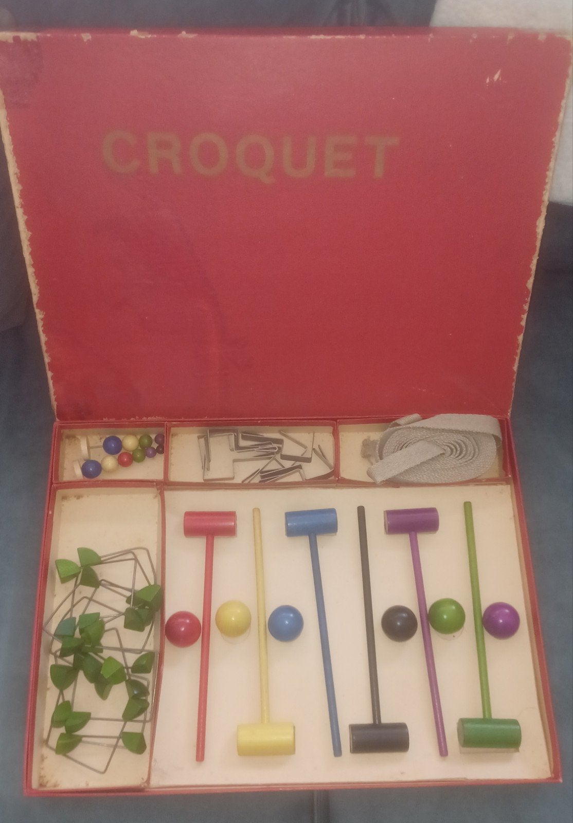 Vintage tafel houten croquet spel 6 persoons oud speelgoed, Ophalen of Verzenden