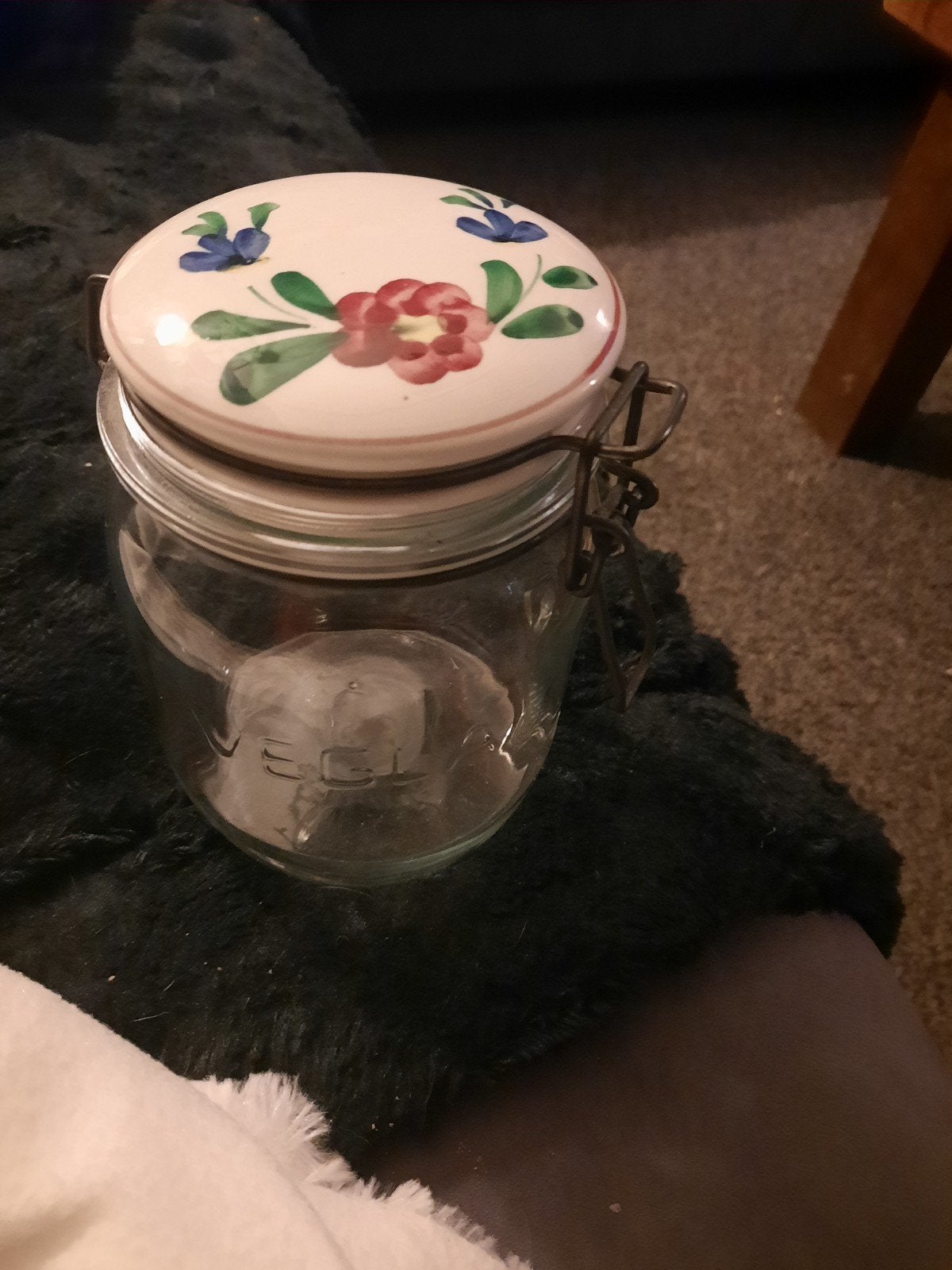 Glazen weckpot met bloemendeksel, Ophalen of Verzenden