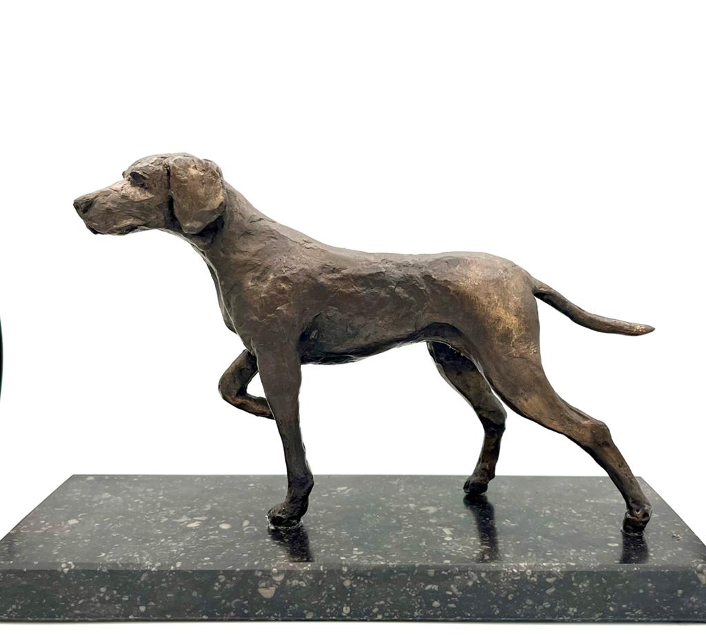 Bronzenbeeld v Staande jachthond, Ophalen of Verzenden, 20 - 50 cm, Beeld, Bruin