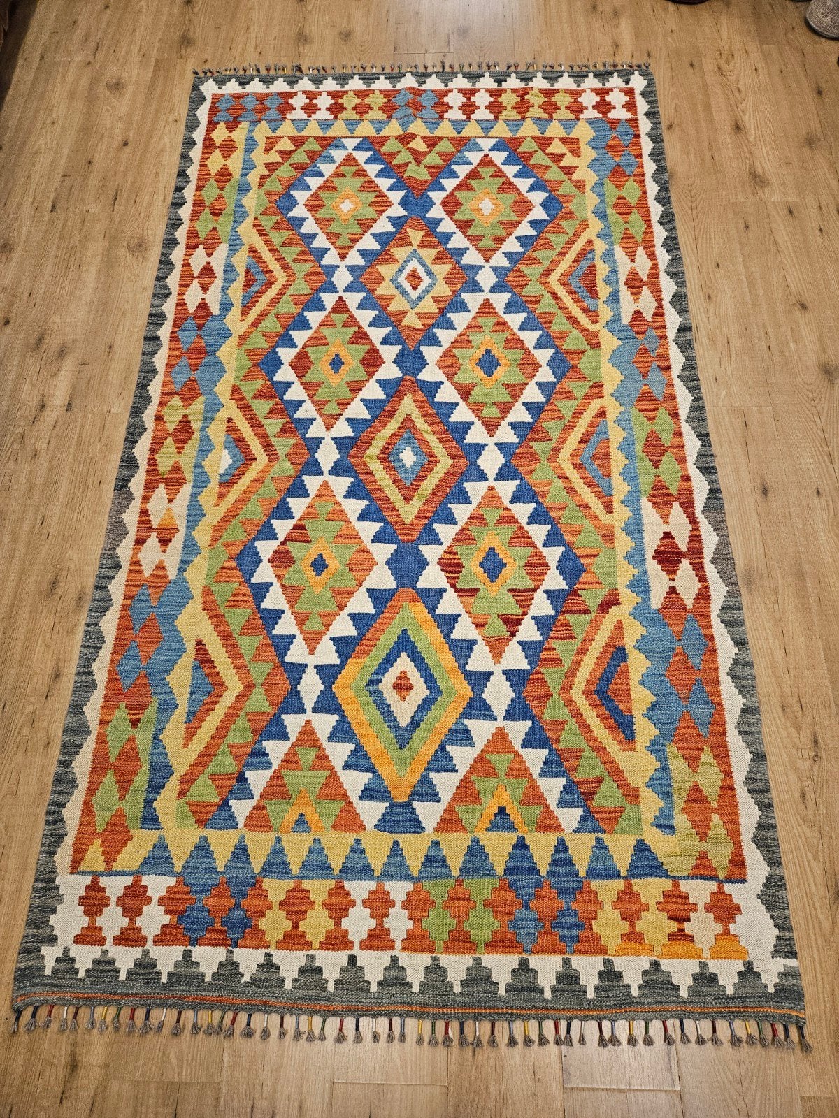 Handgeweven oosterse wollen kelim 256x141, Info@SlatsAntiek.nl, Crème, 150 tot 200 cm, Vof Slats Antiek