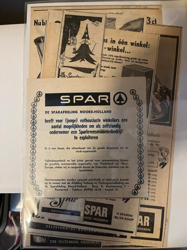 Vintage Spar advertenties en krantenknipsels (1957), Verzamelen, Ophalen of Verzenden, Zo goed als nieuw, Overige typen