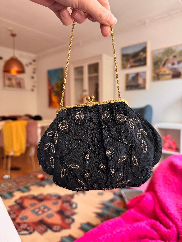 Vintage zwart avondtasje met kraaltjes - jaren 30-50, Ophalen of Verzenden, Gebruikt, Zwart, Avondtasje