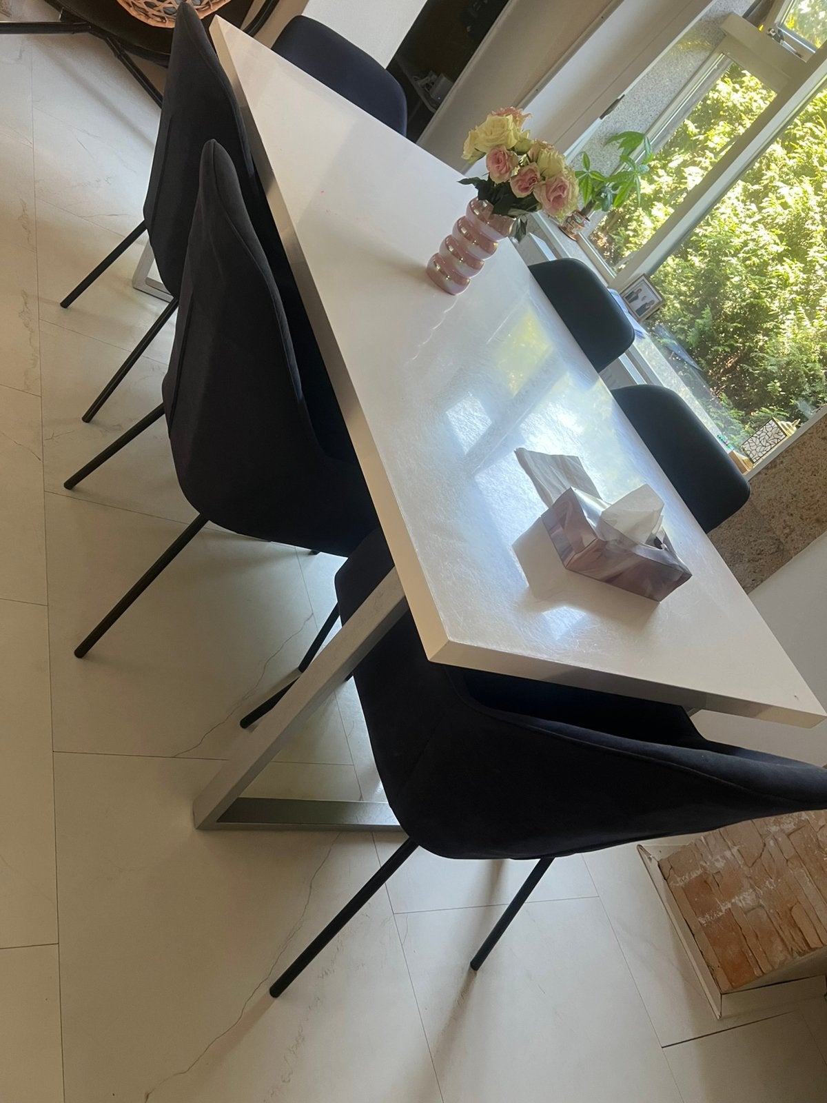 Hoogglans wit set met 6 eetstoelen, Ophalen, Gebruikt, 50 tot 100 cm, Vijf personen of meer