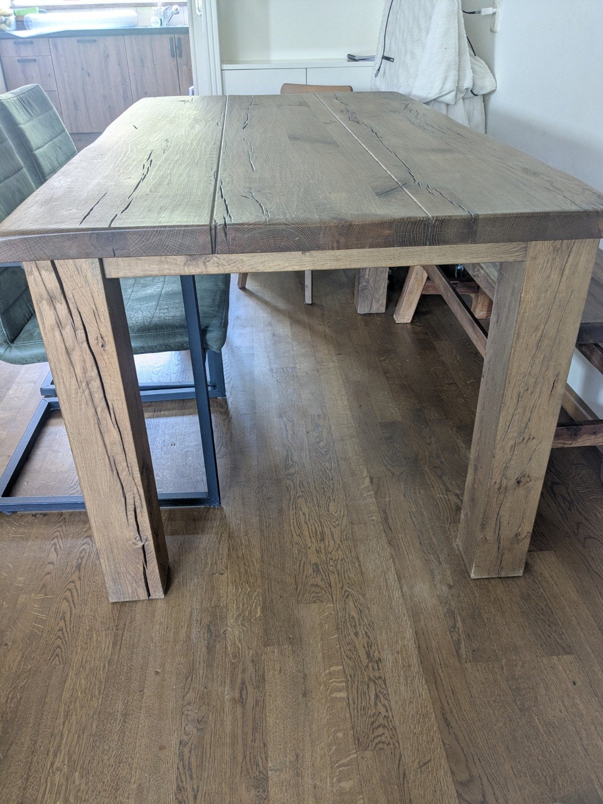 Massief houten eiken eettafel, Ophalen, Rechthoekig, 150 tot 200 cm, 50 tot 100 cm