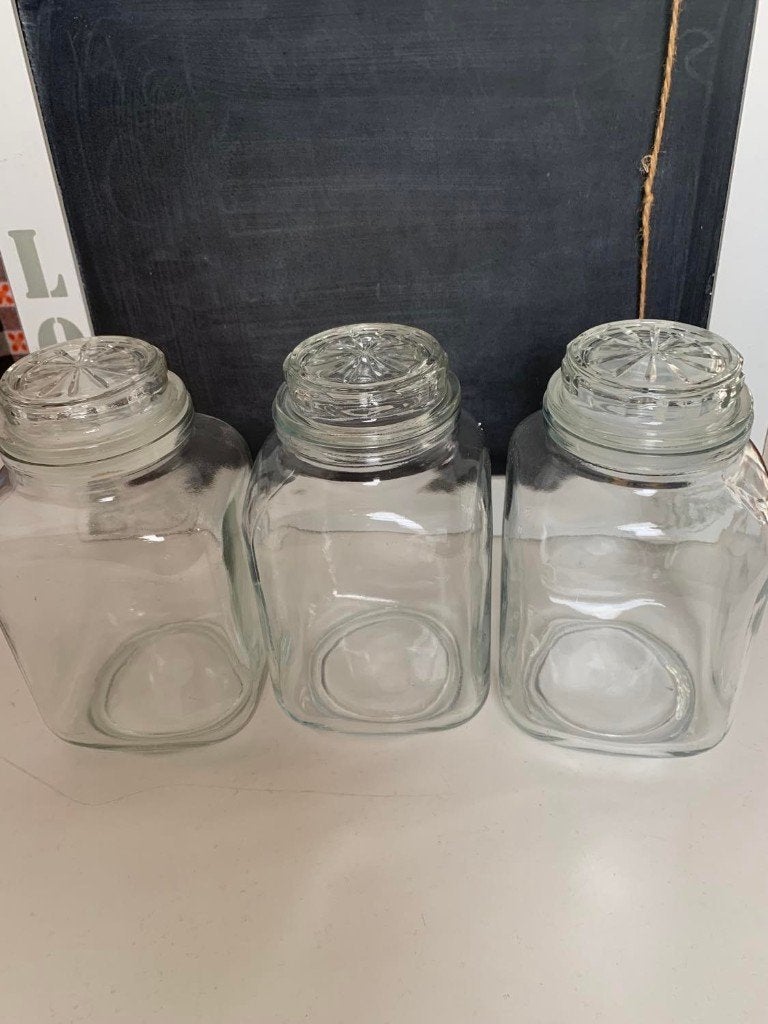 Set van 4 glazen voorraadpotten met deksel, Beige, Glas, Ophalen of Verzenden, Zo goed als nieuw