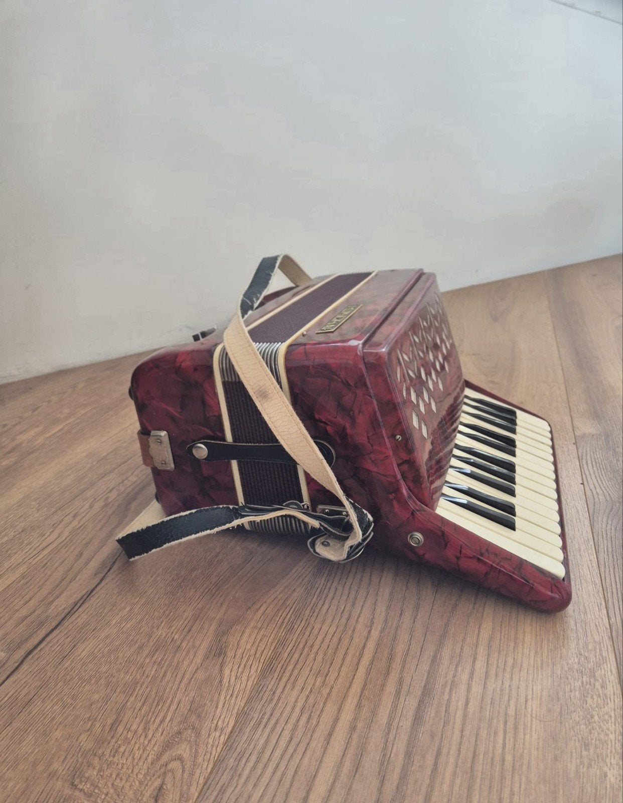 Vintage Accordeon - Rood en Groen - Hsinghai, Muziek en Instrumenten, Gebruikt, Met riemen, Overige formaten, Toetsaccordeon