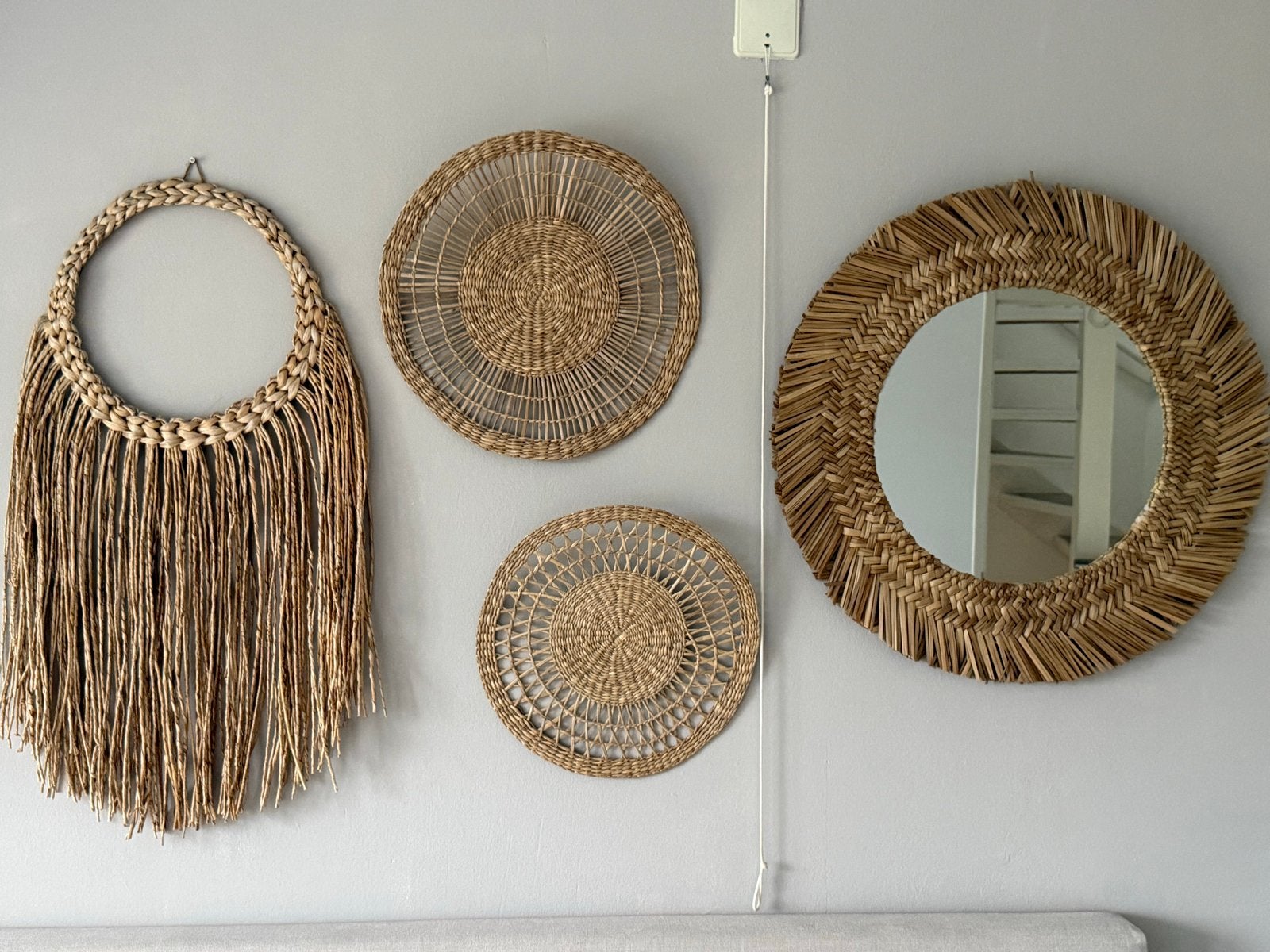 Wanddecoratie set van riet en spiegel, Ophalen, 100 tot 150 cm, Rond, Zo goed als nieuw