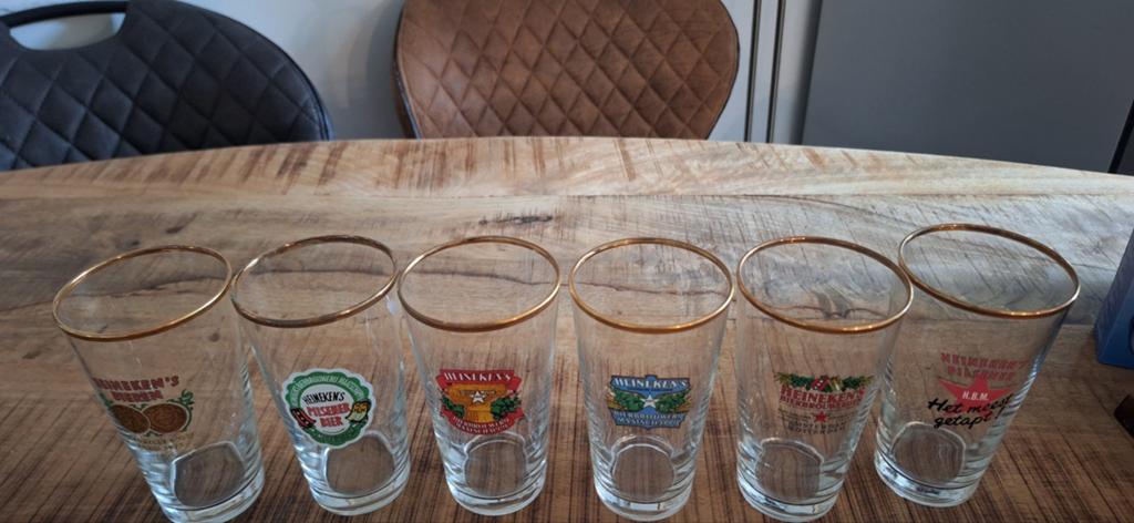 Set van 6 vintage Heineken bierglazen met gouden rand, Ophalen of Verzenden, Zo goed als nieuw, Meerkleurig, Overige merken