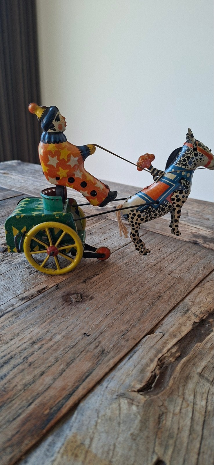 Vintage blikken speelgoed: Clown met paard en kar, Ophalen