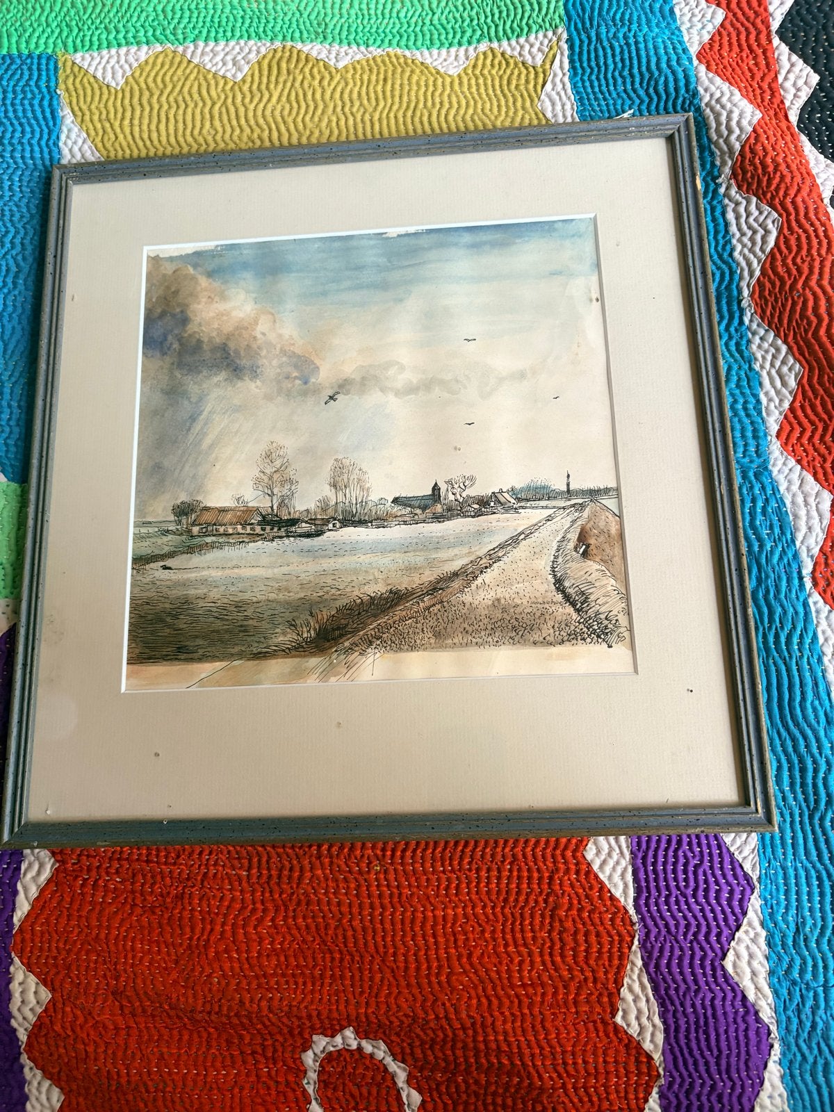 Landschap -Nan Platvoet -Aquarel en inkt, Antiek en Kunst, Ophalen, Tekening, Aquarel, Achter glas