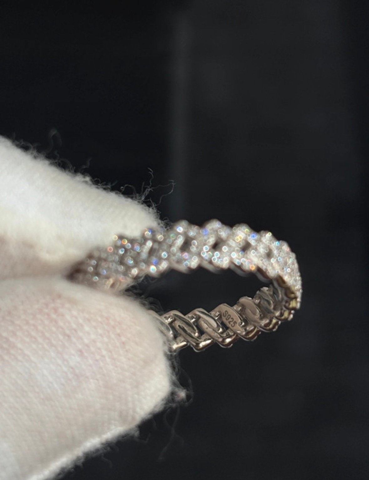 Iced out 925 silveren schakelring moissanite stenen, Ophalen of Verzenden, Zo goed als nieuw, Dame of Heer, Met edelsteen