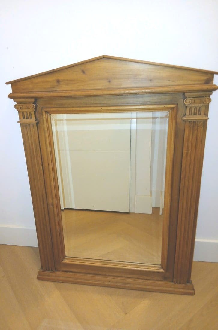 Vintage spiegel in houten lijst, Ophalen, Rechthoekig, 50 tot 100 cm, Minder dan 100 cm