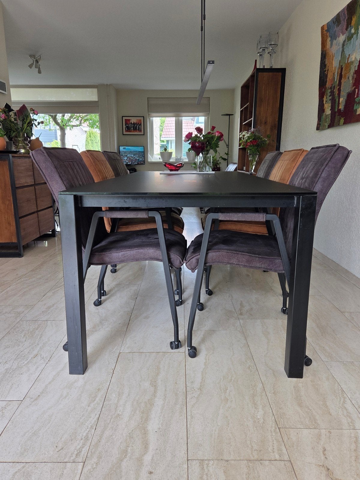 Harvink design tafel stalen onderstel mat glas tafelblad, Ophalen