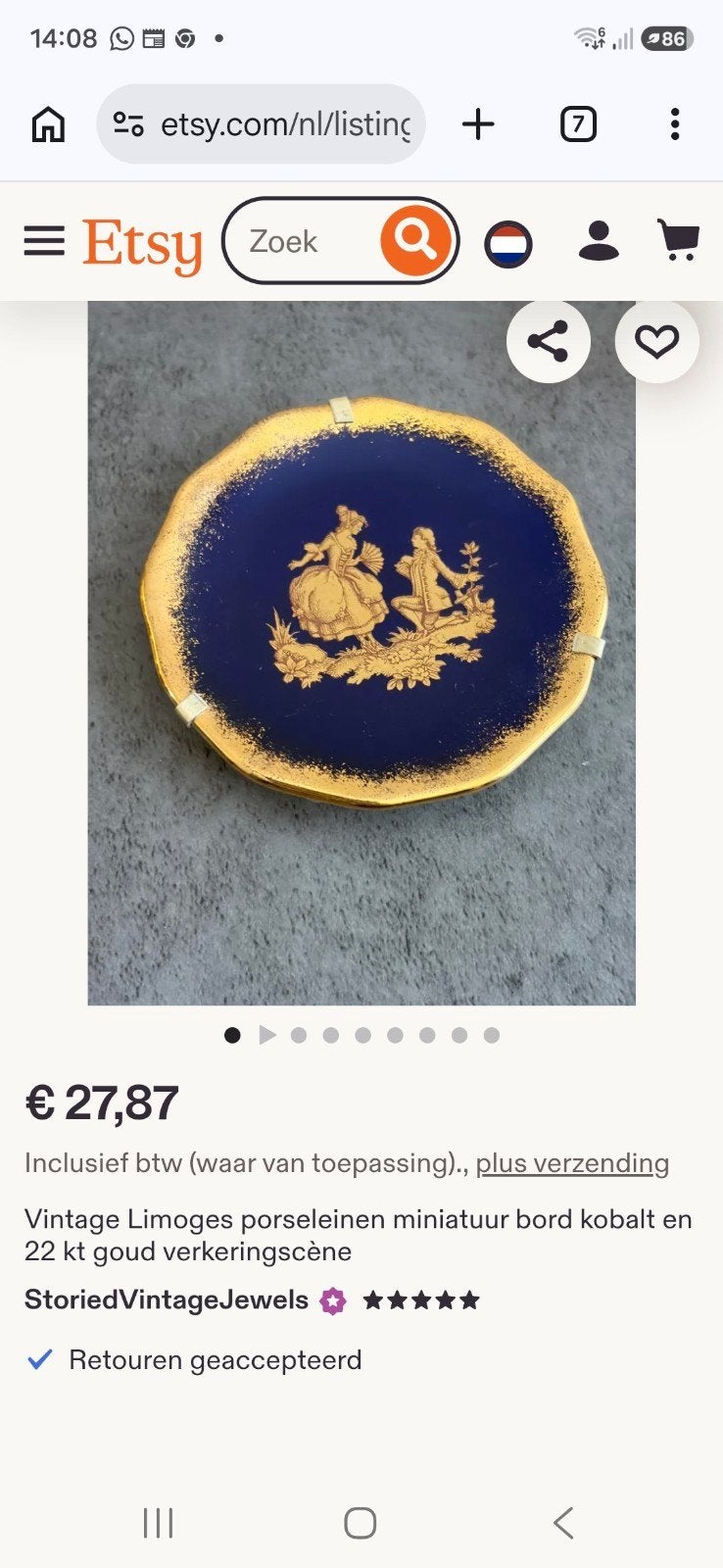 Vintage Limoges Miniatuur Kobalt Porseleinen Bordje, Verzenden
