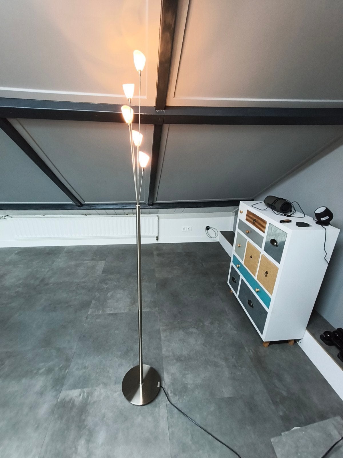 Moderne vloerlamp met 5 lichtpunten - Jan des Bouvrie, Ophalen, Zo goed als nieuw, Glas, G4