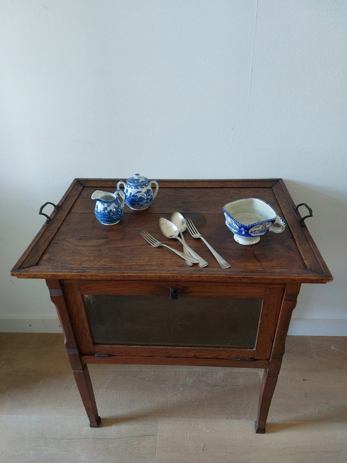 Vintage Theekastje van Grootmoeder - Eikenhout met Glas, Ophalen, Huis en Inrichting