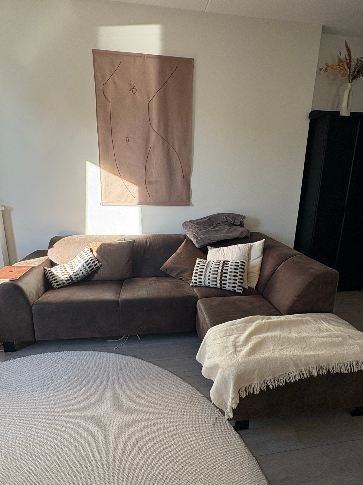 GRATIS/ FREE Bruine suède? hoekbank 255x165cm, 250 tot 300 cm, Gebruikt, Hoekbank, Ophalen of Verzenden