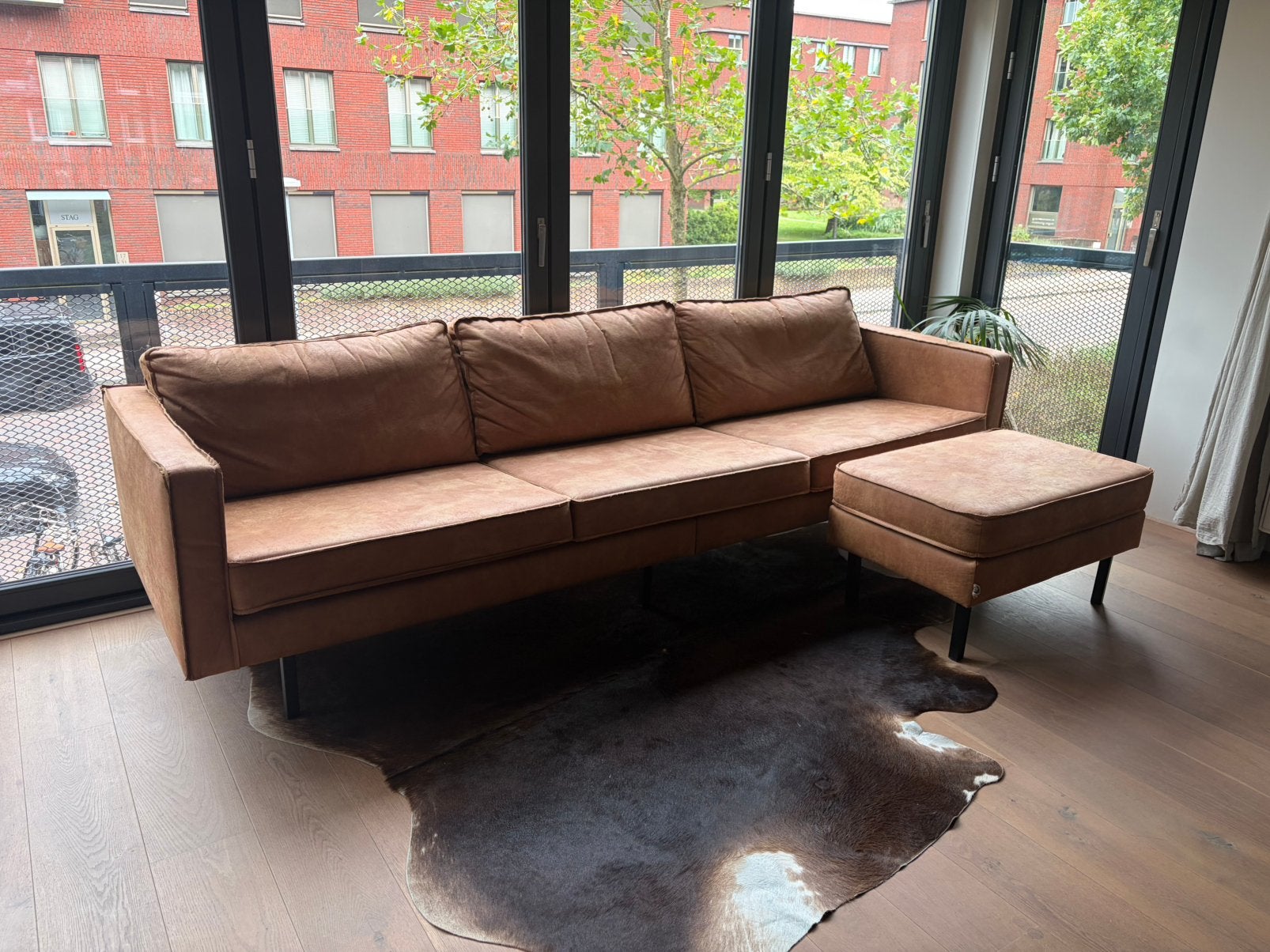 BePure Rodeo 3-zits leren bank incl hocker, Ophalen, Gebruikt, Rechte bank, 200 tot 250 cm