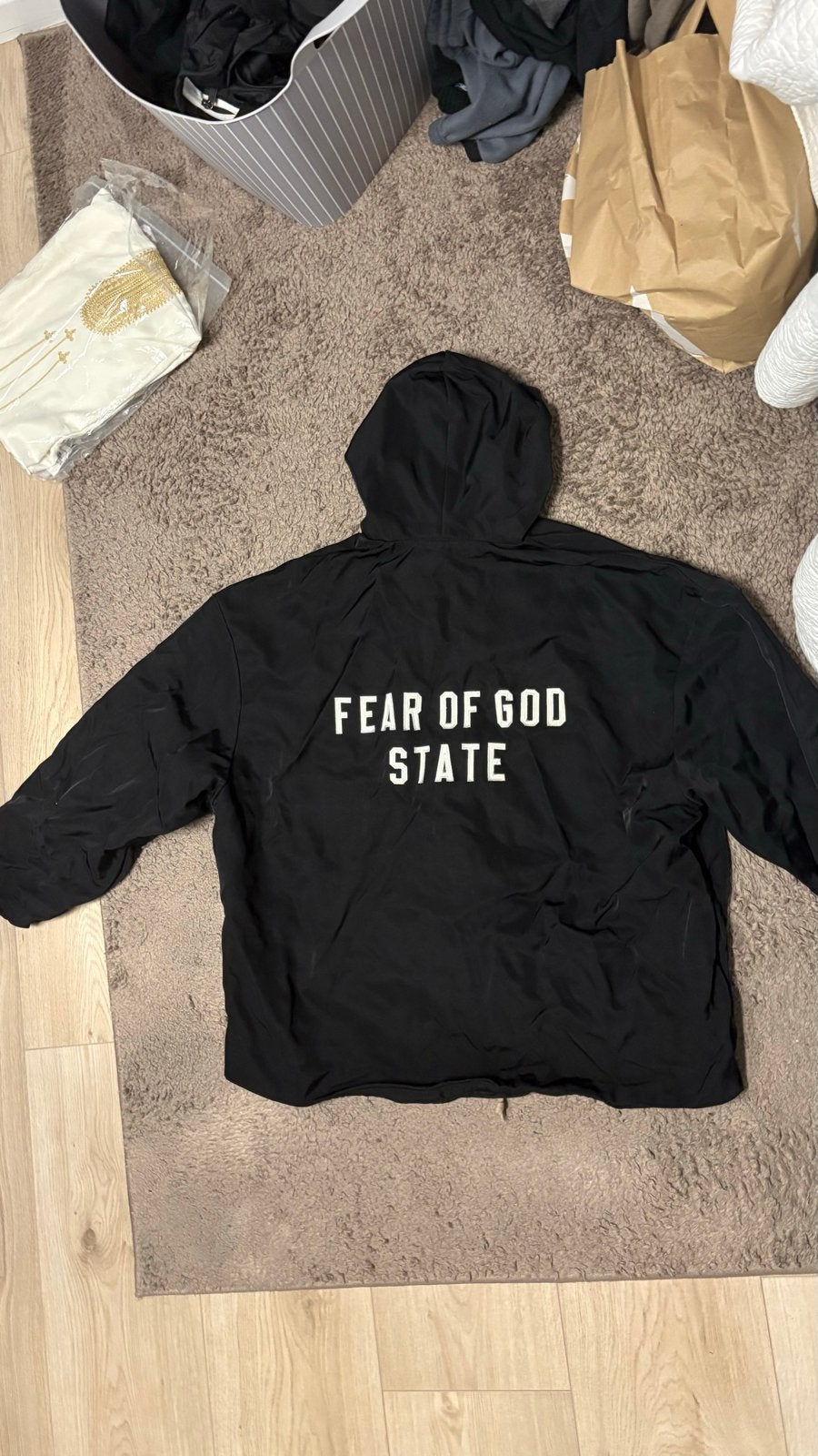 Fear of God Essentials State Jacket Zwart Maat XL (valt als, Ophalen of Verzenden, Gedragen, Overige maten, Zwart