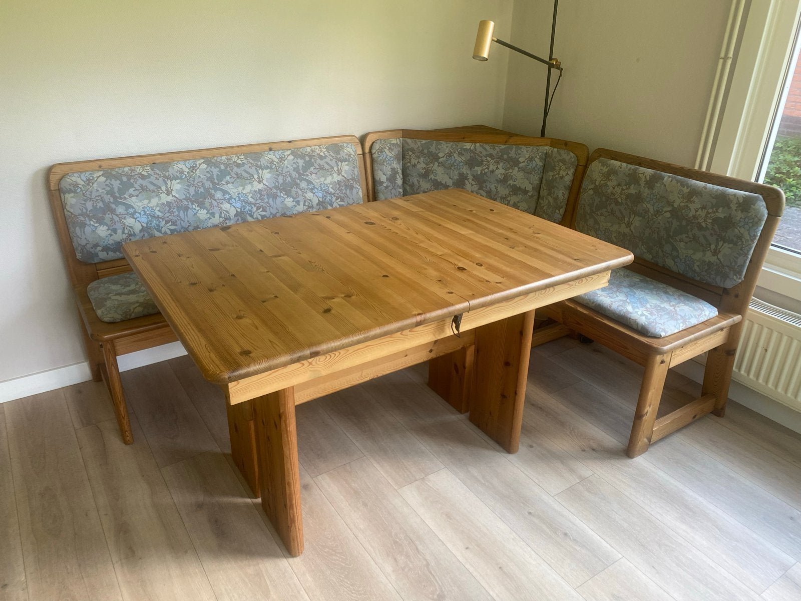 Uitschuifbare eettafel met hoekbank en 3 stoelen, Ophalen, Gebruikt, 50 tot 100 cm, Vijf personen of meer