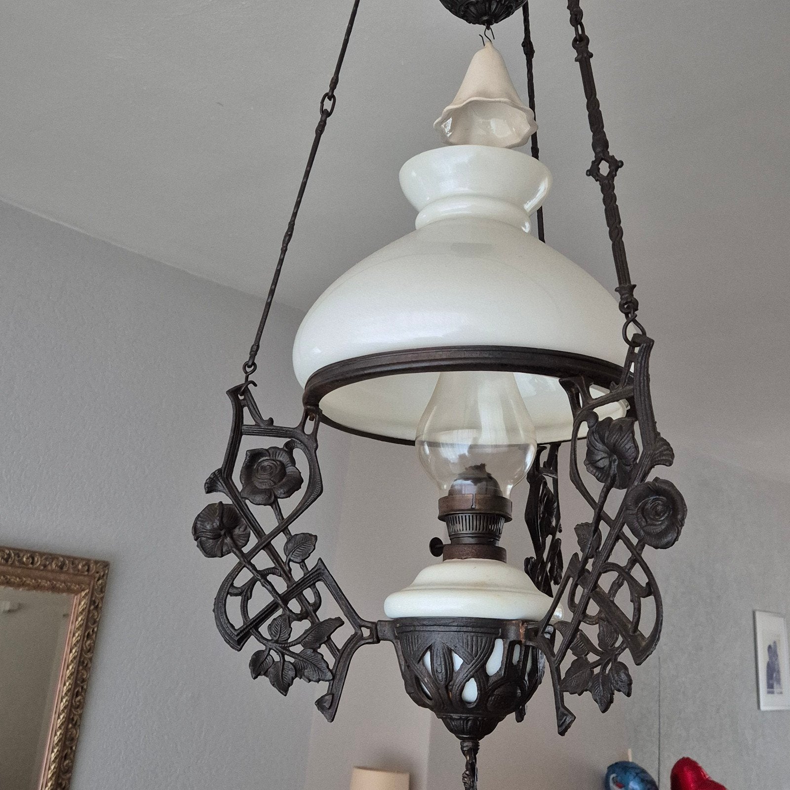 antieke olielamp compleet met lont, kap is hersteld, Huis en Inrichting, Ophalen, Zo goed als nieuw, Antiek