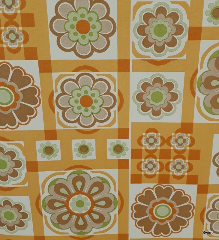 13151 Vintage vinyl bloemenbehang met retro bloemen swiet, Verzenden, Bruin