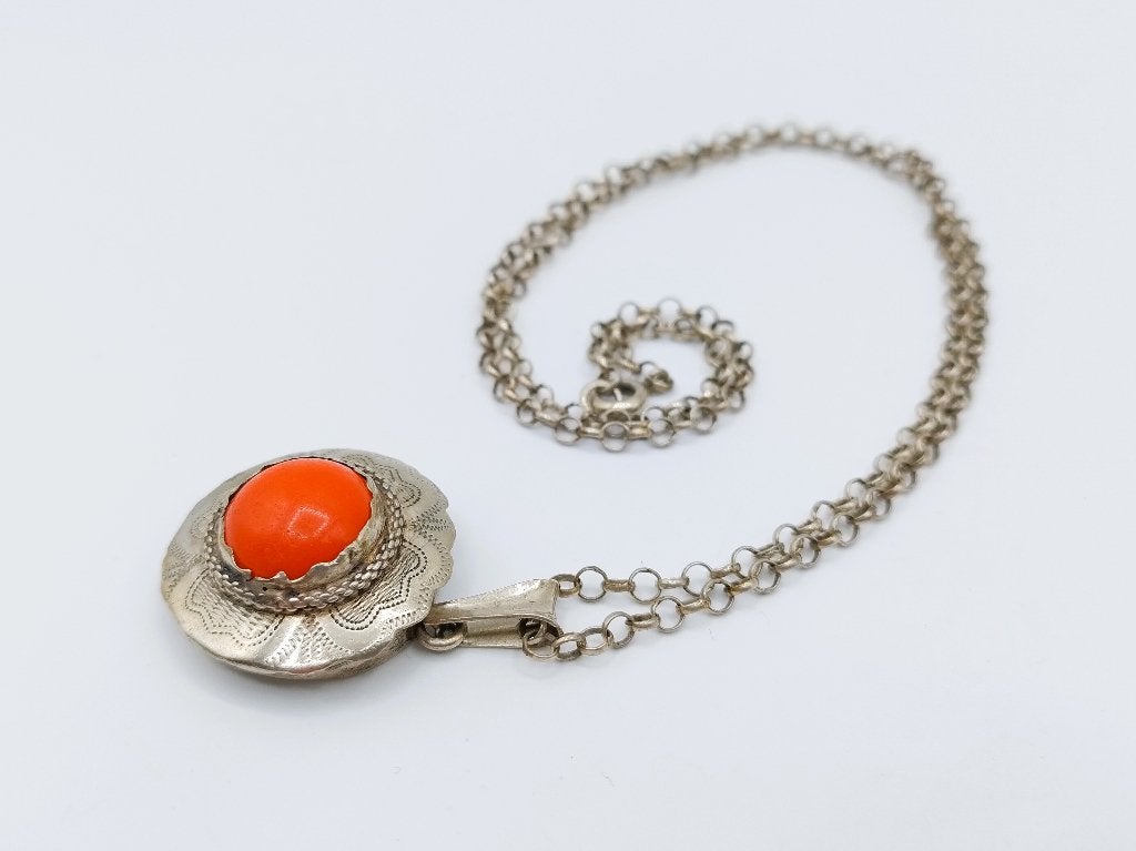 Zilveren jasseronketting met bloedkoralen hanger, 51 cm, Sieraden, Tassen en Uiterlijk, Kettingen, Met hanger, Gebruikt, Info@zilverwebsite.nl