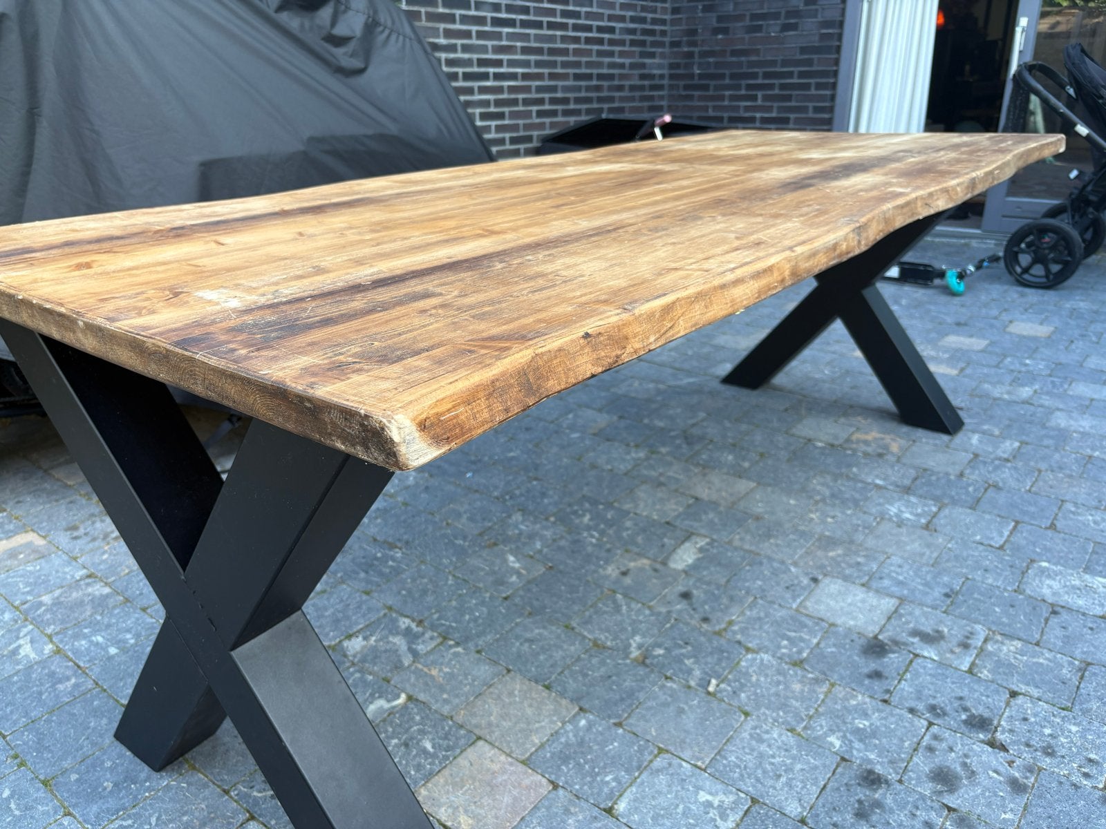 Prachtige mangohouten boomstamtafel op X poten, Gebruikt, 200 cm of meer, 50 tot 100 cm, Vijf personen of meer