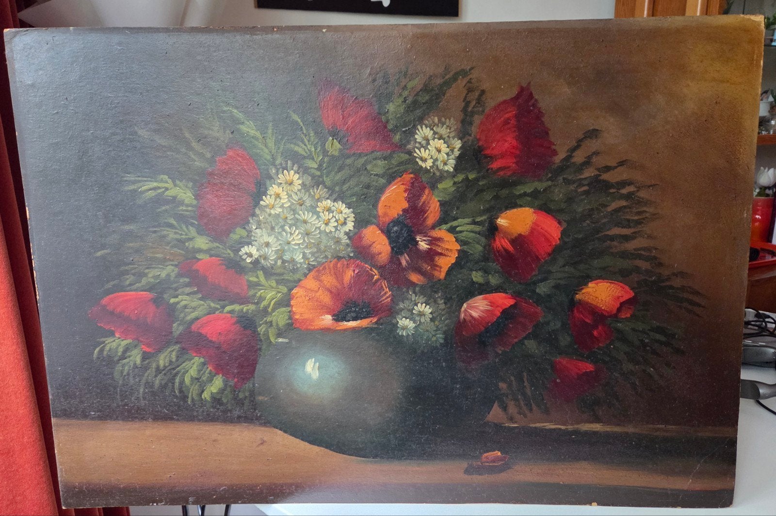 Bloemen olieverf schilderij op hardboard, Ophalen of Verzenden