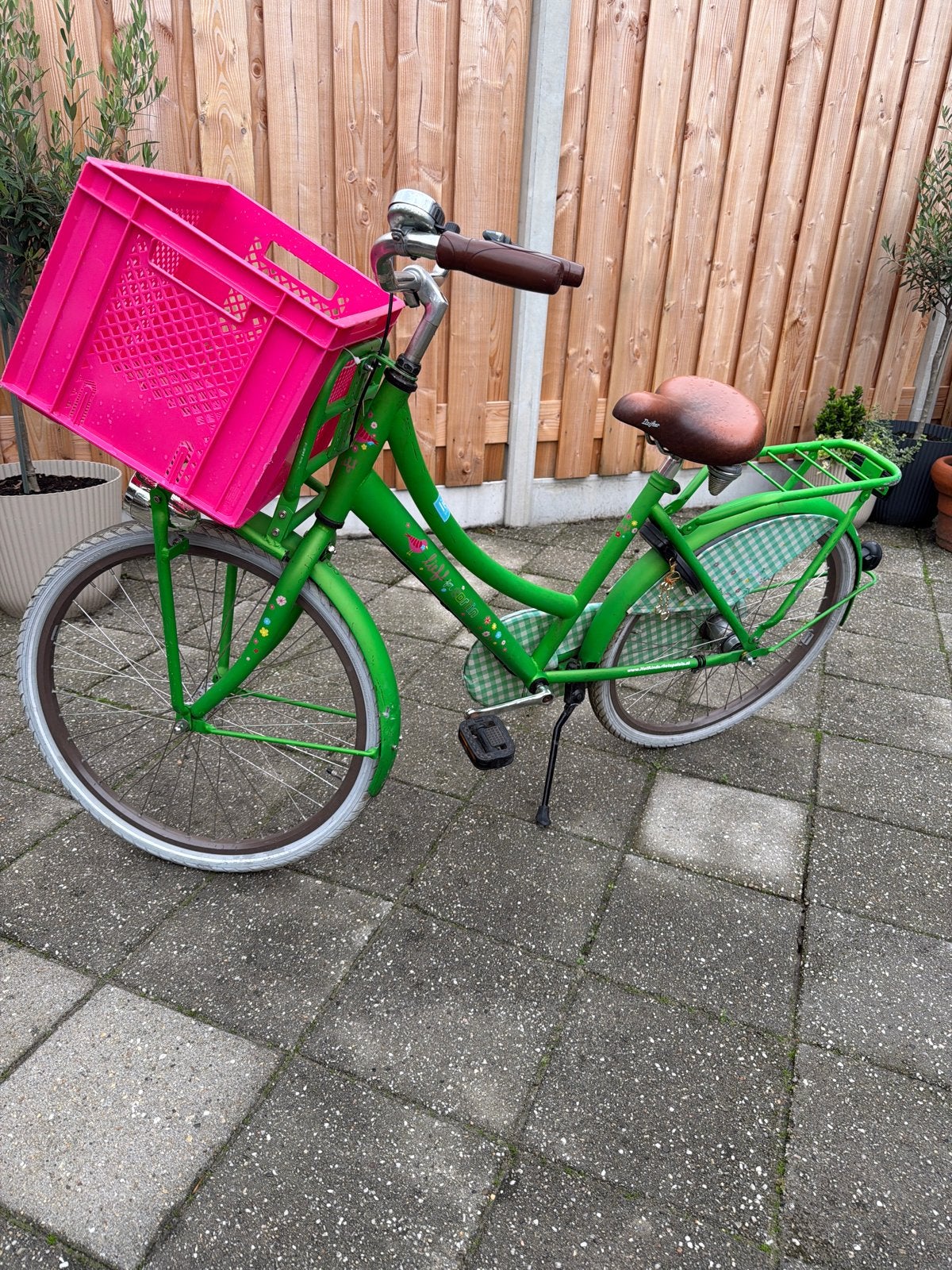 Cortina Kinderfiets 24 inch - Groen met Roze Krat, Ophalen, Gebruikt, Terugtraprem, 20 inch of meer
