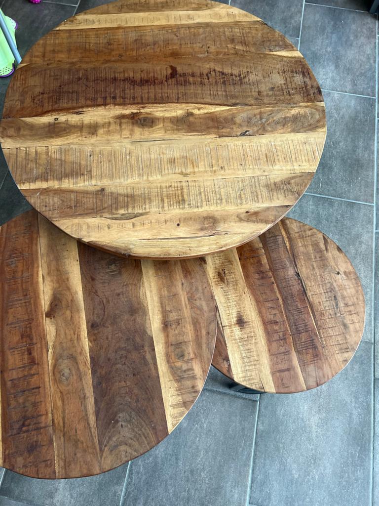 Set van 3 ronde salontafels, mangohout en metaal, Huis en Inrichting, Tafels | Salontafels, Ophalen, Rond, 50 tot 100 cm, Zo goed als nieuw