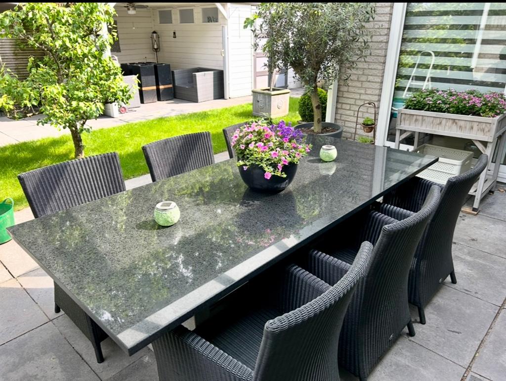 Prachtige natuurstenen tafel incl. 6 Borek stoelen/kussens, Ophalen, Overige materialen, 6 zitplaatsen, Zo goed als nieuw