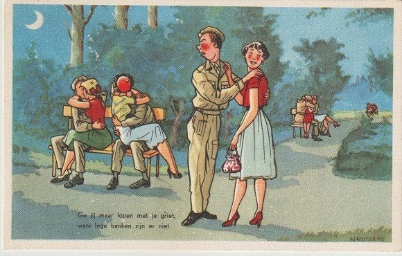 Getekend 1957 H. Rotgans soldaat, ga maar lopen met je griet, Verzenden, 1940 tot 1960, Gelopen, Overige thema's