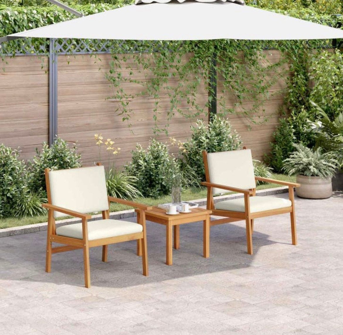 vidaXL Tuinbankenset 3 pcs Crème Wit Massief Acaciahout, Bijzettafel, Zo goed als nieuw, Hout, Ophalen
