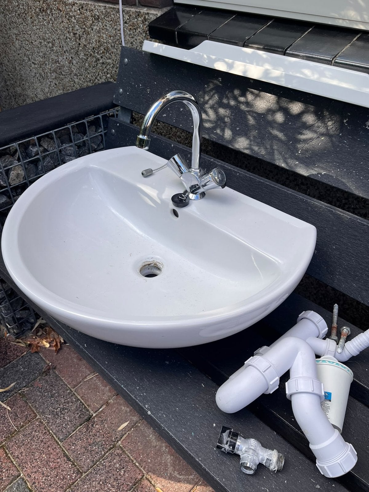 Badkamer wasbak met Grohe kraan, sifon en plankje, Ophalen, Gebruikt, Chroom, Wastafel