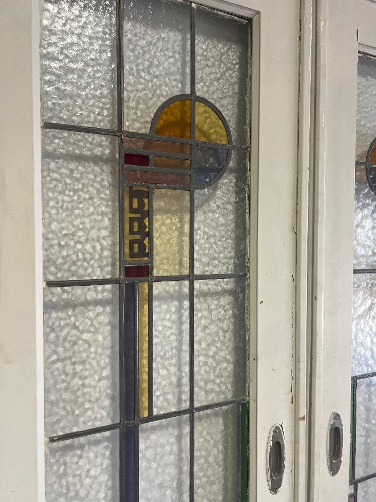 Oude ensuite schuifdeuren met art deco glas in lood motief, Gebruikt, 120 cm of meer, Binnendeur, Ophalen of Verzenden