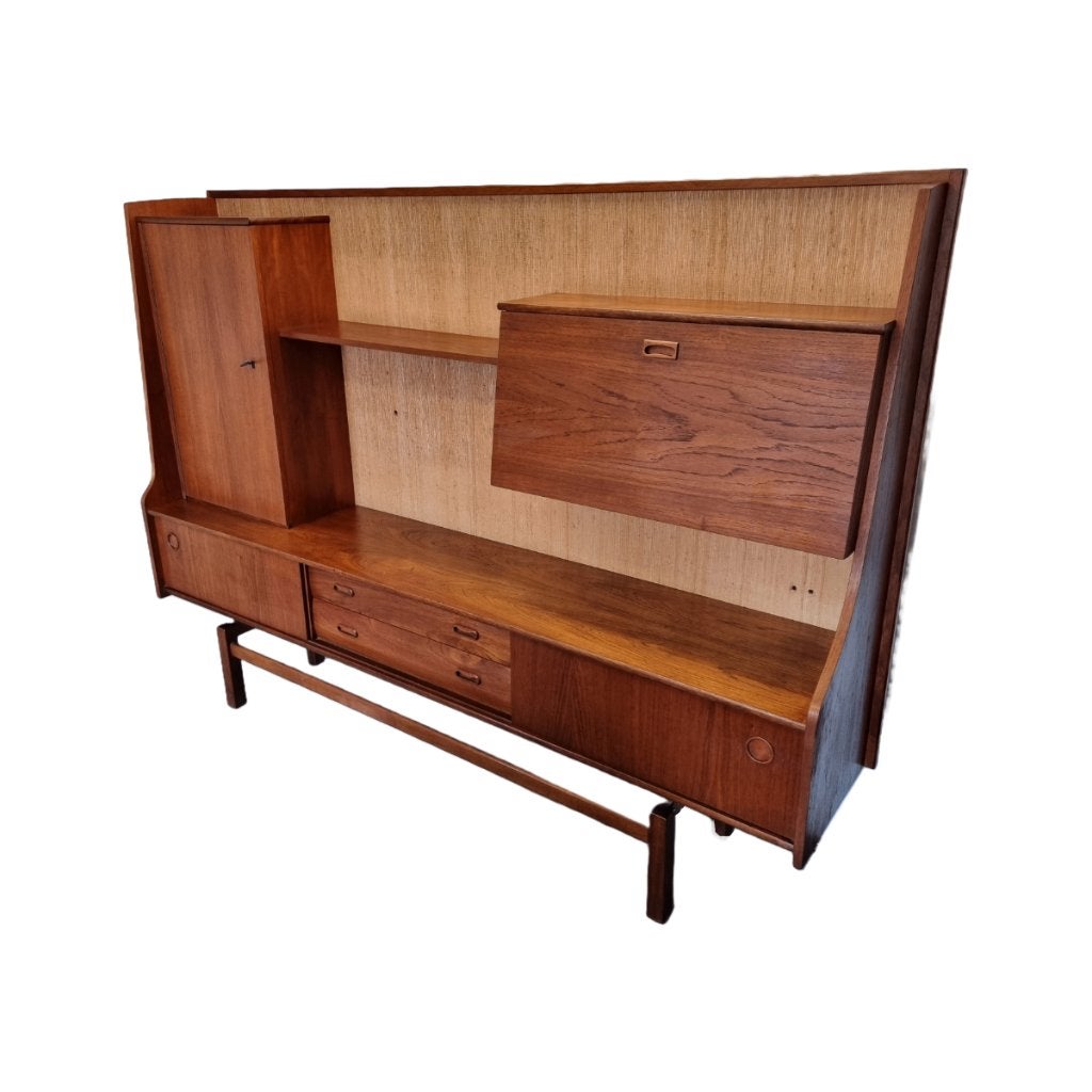 Vintage teak houten wandkast met bar, Ophalen, Gebruikt, Met deur(en), 150 tot 200 cm