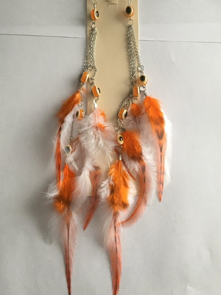 Lange oranje witte veren hang oorbellen, Overige materialen, Hangers, Nieuw, Oranje