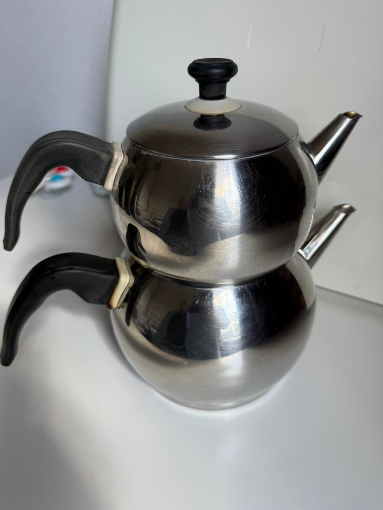 Traditionele Turkse theepot - Dubbele theepot, Theepot/fluitketel, Gebruikt, Zilver, Ophalen of Verzenden