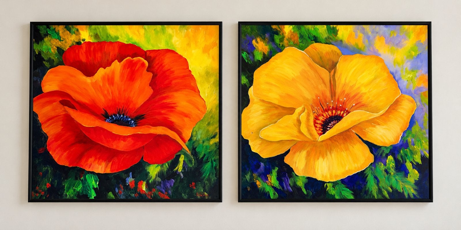 2 originele handgeschilderde schilderijen – Barbara de Jong, Ophalen, Handgeschilderd, Acrylverf, Bloemen
