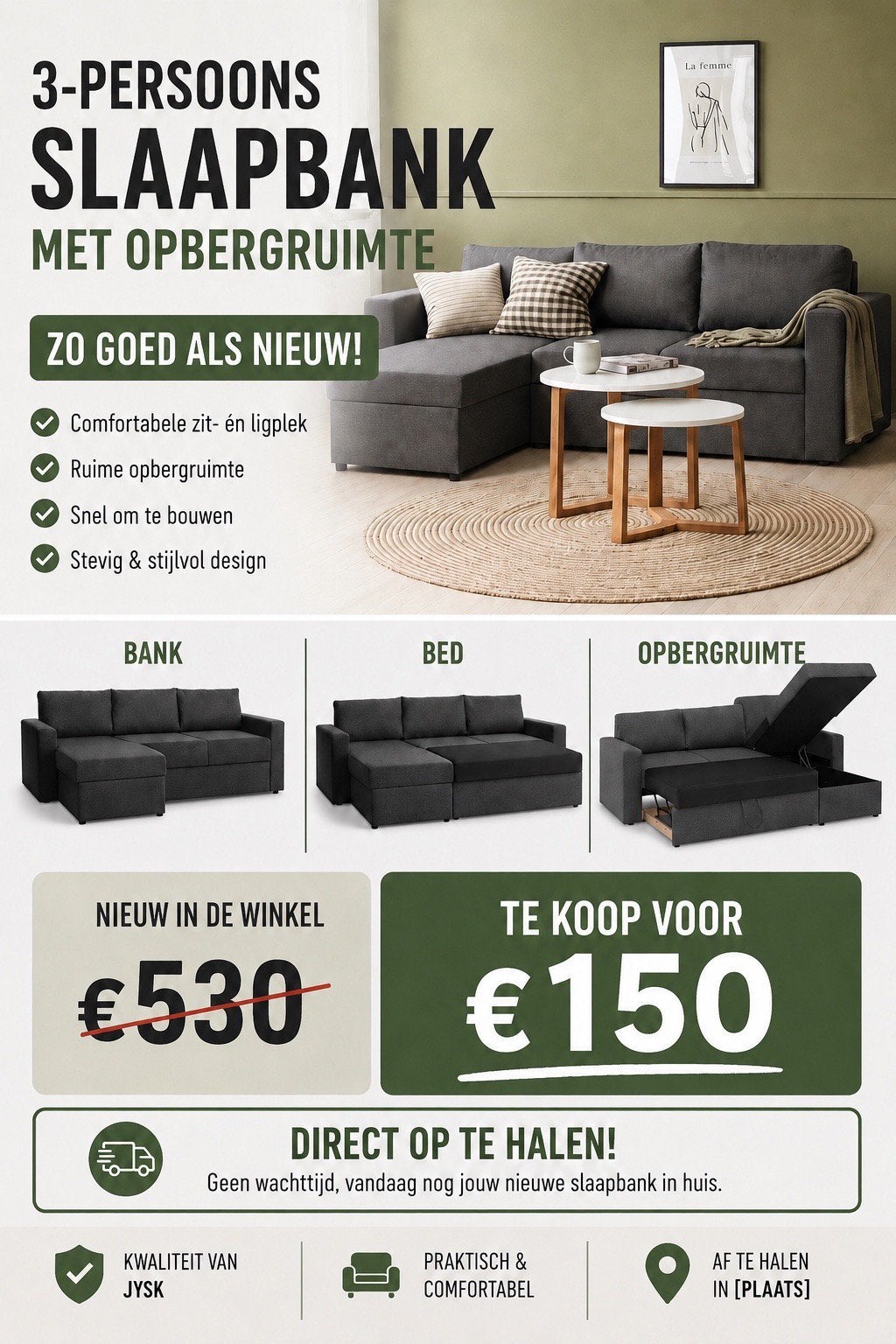 3 persoons slaapbank met opbergruimte, Ophalen, Tweepersoons, 140 cm, Zo goed als nieuw