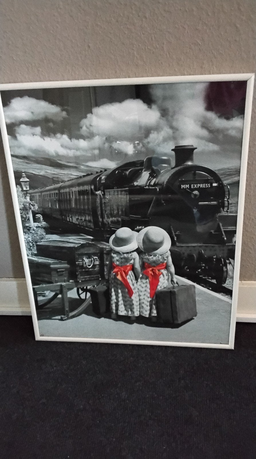 Ingelijste zwart-wit foto met kleuraccenten van trein, Huis en Inrichting, 50 – 75, Gebruikt, Ophalen of Verzenden, Foto of Poster