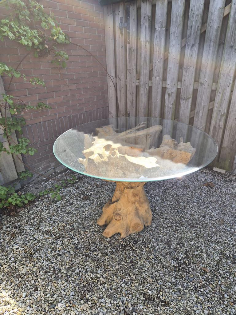Tafel boomstronk, Ophalen, Gebruikt, Glas, Rond