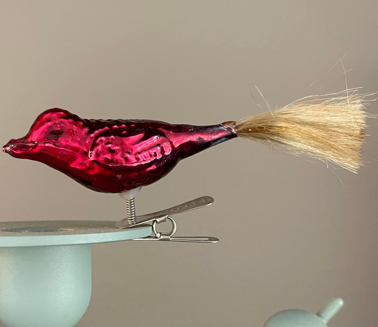 Vintage Glazen Kerstvogel Ornament op Clip – Rode Kerstvogel, Ophalen, Gebruikt